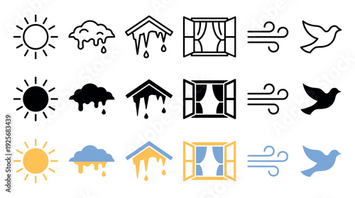 Set of simple weather and spring icons showing sun, melting snow, an open window, wind, and a bird, illustrated in three styles: outline, silhouette, and color