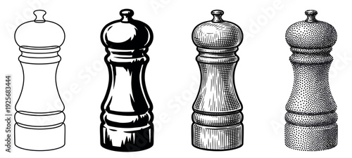 Set of four classic pepper mills illustrated in different monochrome graphic styles, including simple outline, bold stencil, vintage engraving, and dotwork stippling