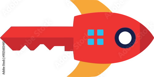Creative red rocket key icon for innovation, startup, and security concepts in flat vector style
