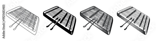 Hammered dulcimer musical instrument illustration set featuring four graphic styles including line art, silhouette, detailed engraving, and stippling for a vintage, hand-drawn feel