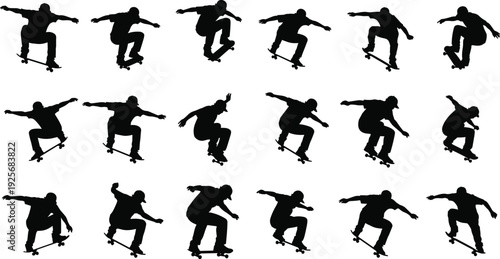 Black silhouette set of skateboarders performing jump tricks and ollies isolated on white background for extreme sports and urban lifestyle design