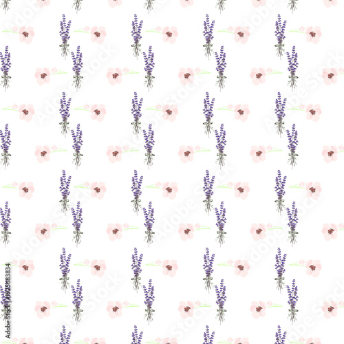 Pattern con mazzetti di lavanda e rose canine