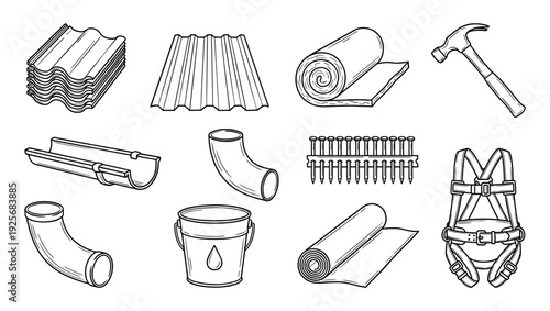 Set of hand-drawn roofing materials and tools including tiles, gutters, insulation, a hammer, and a safety harness in a black and white doodle style illustration