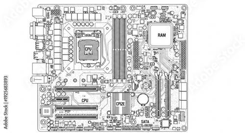 Detailed illustration of a computer motherboard circuit board.