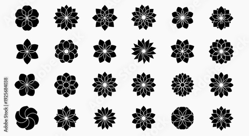 Set of minimalist flower icons in solid black silhouette style.