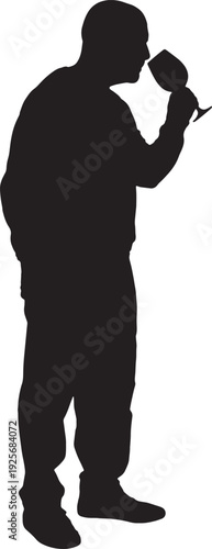 vector, silhouette of   Side view of a man smelling a glass cup of wine