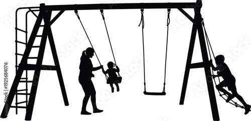 Mother pushing toddler on swing set silhouette, children playing at playground, family outdoor activity vector, park recreation fun summer equipment