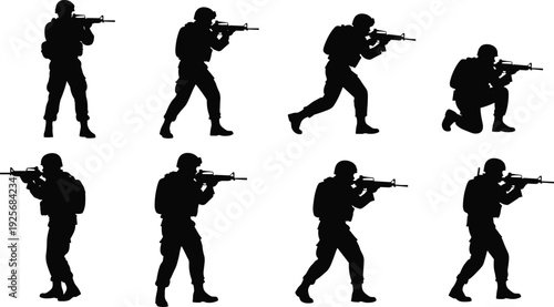 Soldier silhouette set with military infantry warriors in various combat poses, standing, kneeling, and moving with rifles for war concept.