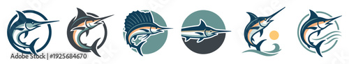 Collection of stylized marlin and sailfish emblems designed as modern vector icons for sport fishing teams, seafood businesses, or ocean-themed brand identity
