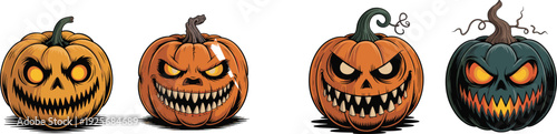Halloween jack-o’-lantern pumpkin icons with glowing eyes and spooky faces for seasonal horror theme - colored vector illustration set