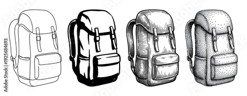 Collection of four hiking rucksack illustrations showing different graphic styles from simple outline and solid black to detailed engraved and stippled dotwork art
