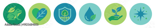 Set of six circular ecology icons representing environmental conservation and sustainability, featuring a frog, heart, shield, water drop, and plant in a flat graphic style
