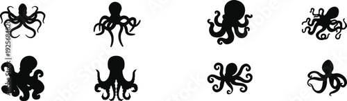 Octopus silhouette icon variations with marine life and ocean theme for decorative and logo design - black vector illustration set