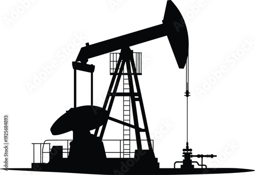 Oil pumpjack silhouette icon with industrial energy extraction theme for infrastructure and production design - black vector illustration set