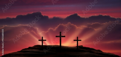 Sunset Silhouette of Three Crosses: A serene image showcasing three crosses silhouetted against a dramatic sunset, evoking themes of faith, sacrifice, and hope.