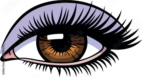Vector Illustration of Brown Female Eye with Long Eyelashes and Purple Eyeshadow Isolated on White
