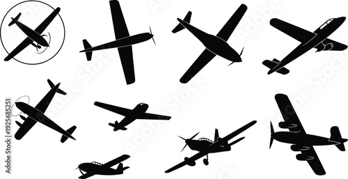 Airplane silhouette vector illustration set with multiple aircraft types—ideal for aviation artwork, aerodynamics education, travel branding, and technical design projects.