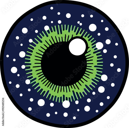 Abstract green and blue cartoon eye illustration with dotted texture for graphic design and branding