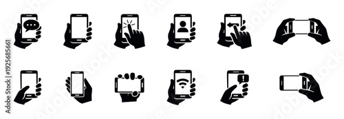 Smartphone hand touchscreen icon, mobile device technology vector illustration, tap gesture phone outline, user interface symbol, digital communication device on transparent background