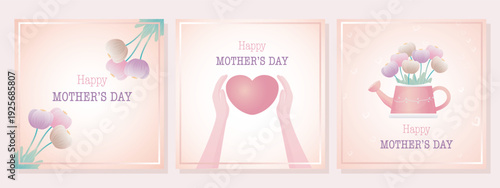 A pastel pink Mother’s Day illustration set featuring three square panels. Each design includes the greeting “Happy Mother’s Day” in elegant typography.