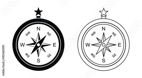 Two compasses displaying cardinal directions a striking black silhouette
