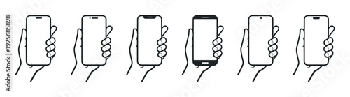 Hand holding smartphone icon set, mobile phone touch gestures, minimal outline vector collection on transparent background