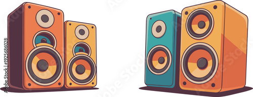 Colorful speaker icon variations with vibrant casings and multicolored cones for music and entertainment theme - colored vector illustration set