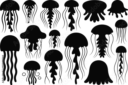 Wildlife silhouette collection with owl crab snail caterpillar and diverse marine life including shark whale and octopus for nature and aquatic design