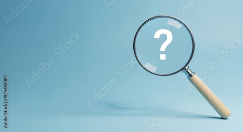 Magnifying Glass Hovering Over a White Question Mark on Blue magnifying glass, question mark, white