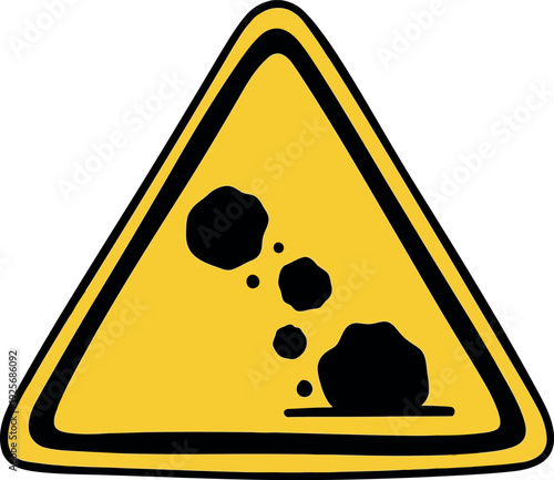Yellow triangular falling rocks warning sign vector illustration for hazard and safety communication