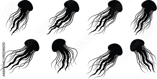 Jellyfish silhouette vector collection with multiple swimming poses and long tentacles for marine life underwater nature wildlife ocean theme and aquatic design