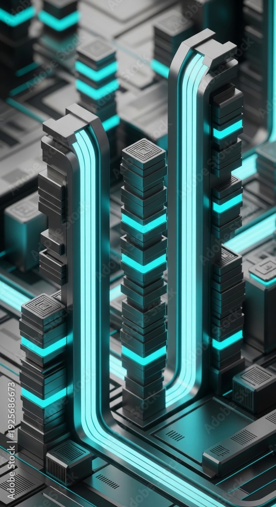 Fototapeta premium Futuristic Cityscape with Neon Blue Energy Streams and Towering