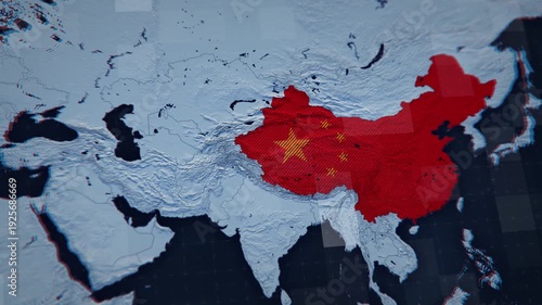 Aerial flyover of a 3D map of China. The view includes mainland China, the island of Taiwan, and the coastal waters of the South China Sea, highlighting the country's territorial integrity. 