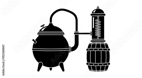 Vintage alchemist equipment illustration a still with kettle condenser and barrel
