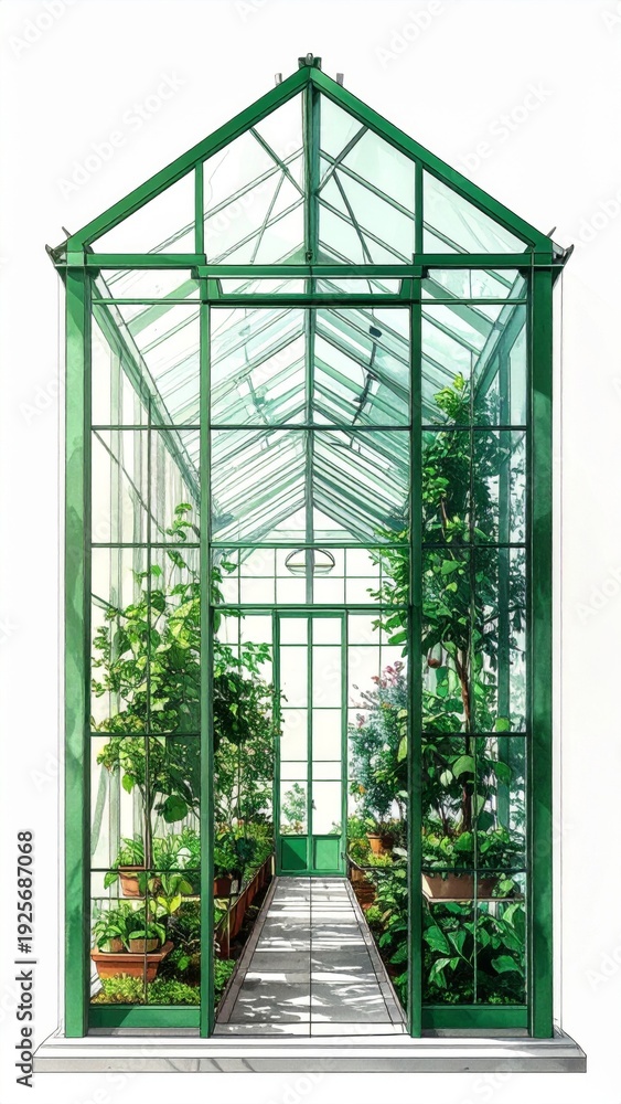 Fototapeta premium Green Greenhouse Structure with Glass Panels and Plants Indoors Sunny Day