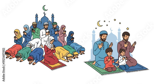 Muslim families praying together featuring a mosque and crescent moon