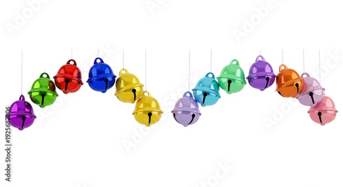 Colorful jingle bells arranged in a curved line on a white background