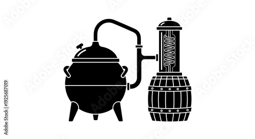 Vintage alchemist equipment illustration a still and cauldron in black