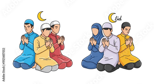 A group of muslims praying together during eid al fitr celebration