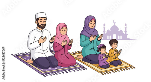 Muslim family praying together with a mosque in the background