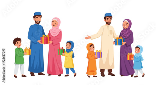 Muslim family exchanging gifts celebrating a special occasion together
