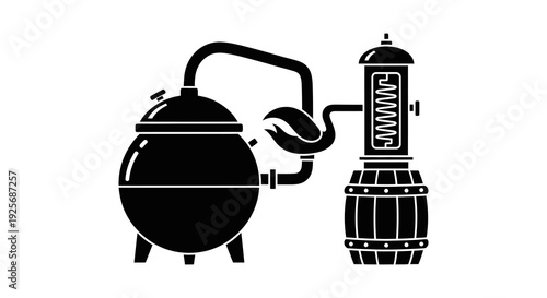 Black silhouette of a distilling apparatus with a barrel and condenser