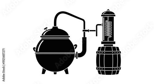 Black silhouette illustration of a traditional alembic still and wooden barrel