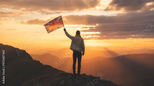Upholding the Union: A silhouette stands atop a mountain peak, proudly waving the Union Jack flag against the backdrop of a breathtaking sunset, symbolizing national pride and triumph.