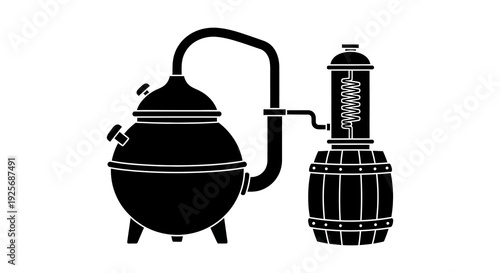 Vintage distilling apparatus illustration with a pot condenser and barrel