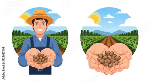 Farmer proudly displaying coffee beans with a picturesque agricultural background
