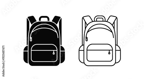 Two backpack icons one solid and one outlined in black and white silhouette