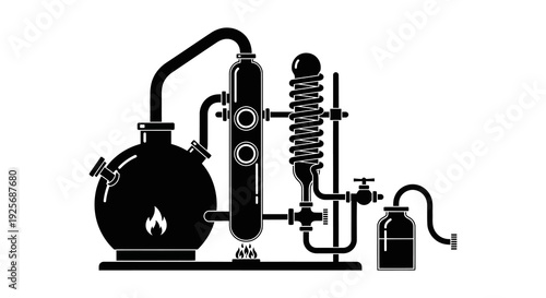 Black and white illustration of a laboratory distillation apparatus for chemical processes