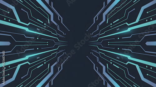 Circuit board lines converging towards a central point with technology and future themes.