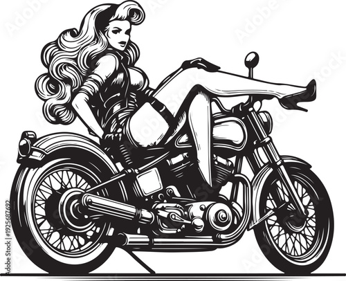 retro biker woman with flowing hair, riding classic motorcycle with focused gaze sketch engraving generative ai fictional character raster illustration. Scratch board imitation. Black and white image